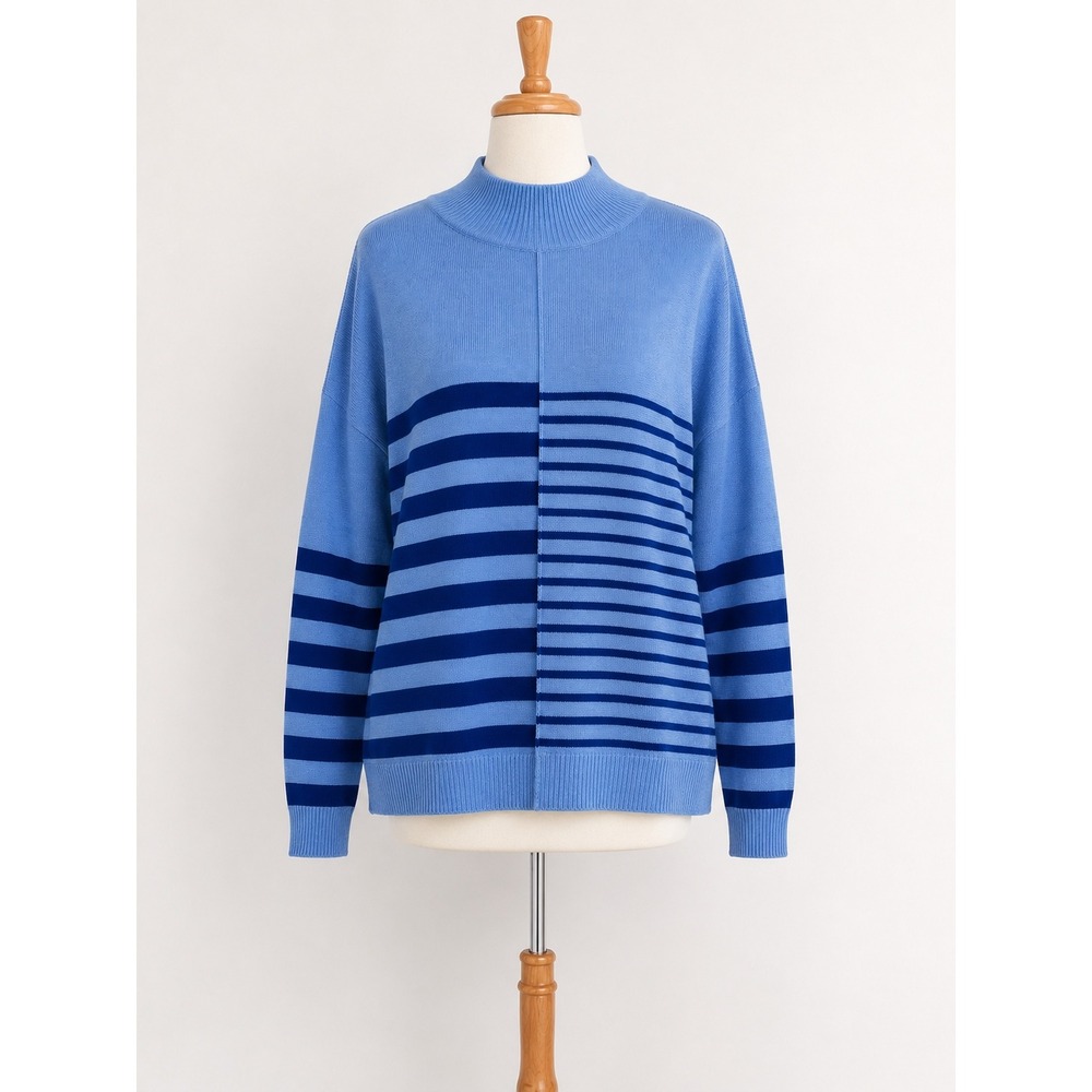 Edinburgh Knitwear Sweater Womens L Blue Striped Pima Cotton Mock Neck Coastal